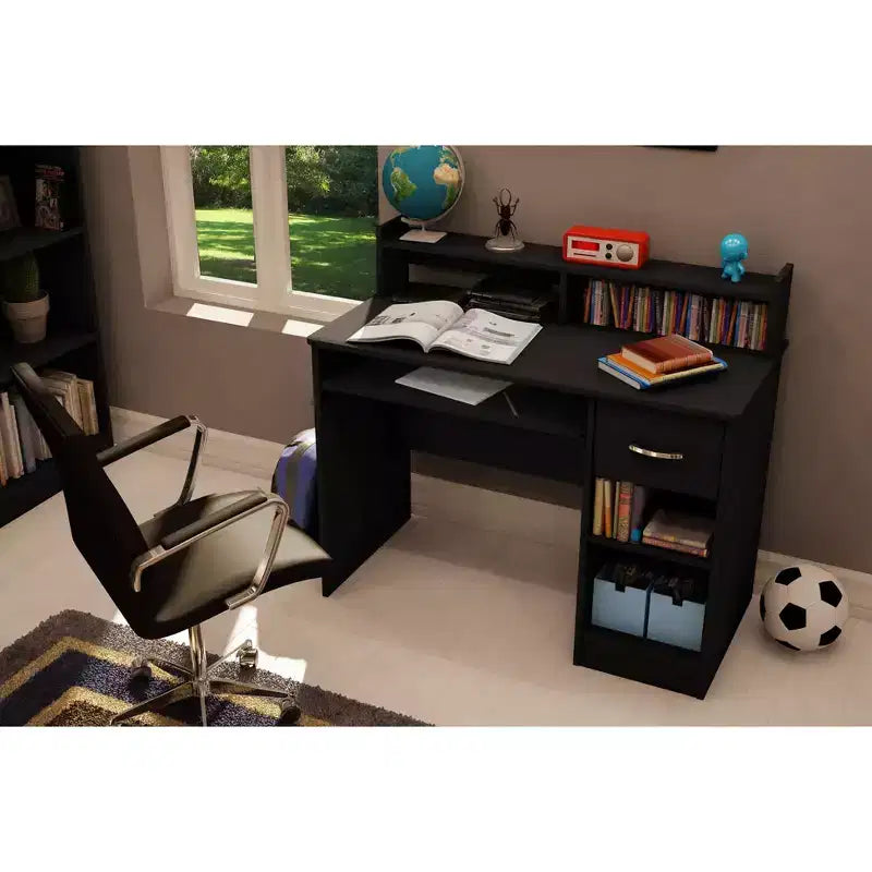 Bureau d'enfant avec tablette coulissante pour clavier, noir pur