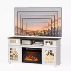 Meuble TV avec cheminée et porte coulissante miroir pour TV 70", Blanc