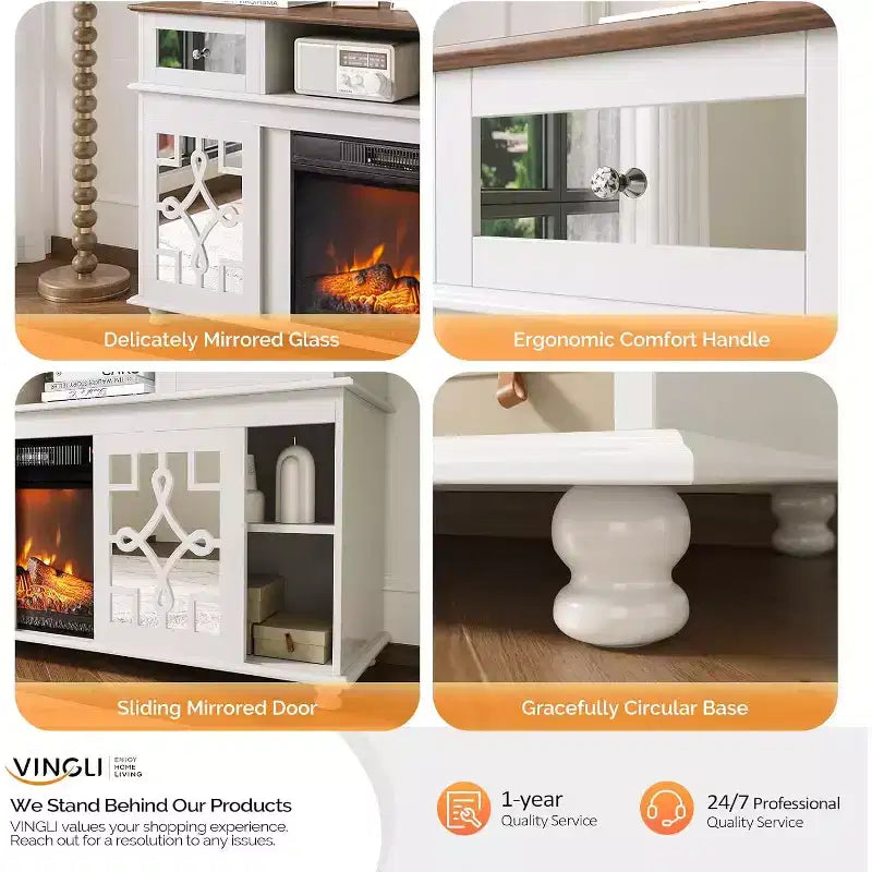 Meuble TV avec cheminée et porte coulissante miroir pour TV 70", Blanc
