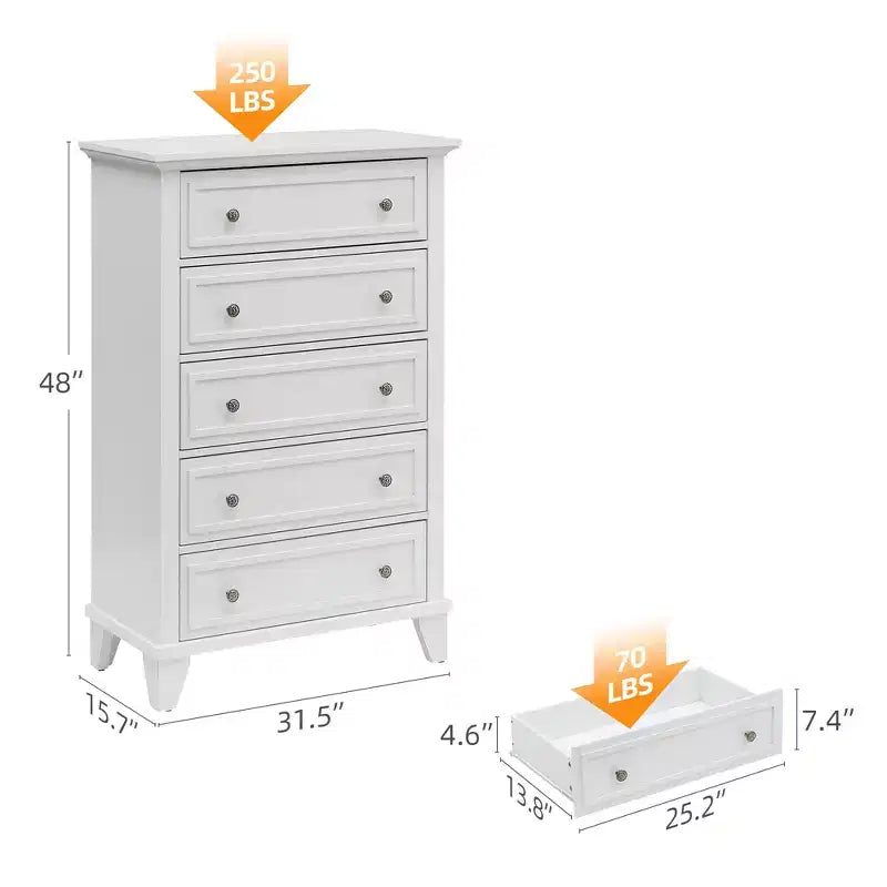 Commode de ferme étroite à 5 tiroirs de 122 cm de haut pour chambre et placard