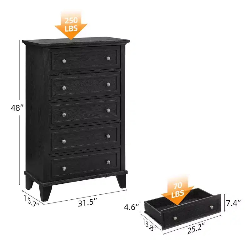 Commode de ferme étroite à 5 tiroirs de 122 cm de haut pour chambre et placard