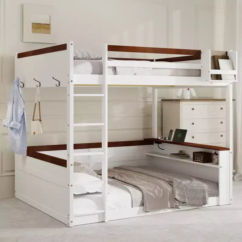 Lit superposé en bois Queen Size avec rangements, lumières LED et port de charge USB