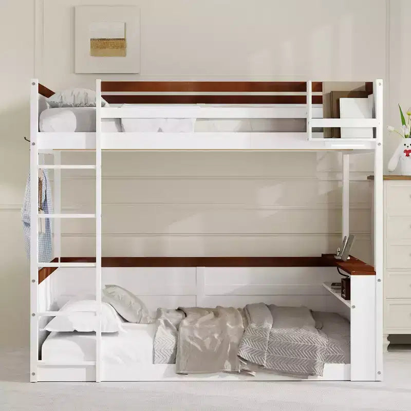 Lit superposé en bois Queen Size avec rangements, lumières LED et port de charge USB
