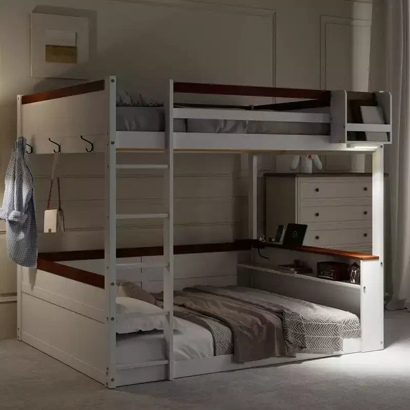 Lit superposé en bois Queen Size avec rangements, lumières LED et port de charge USB