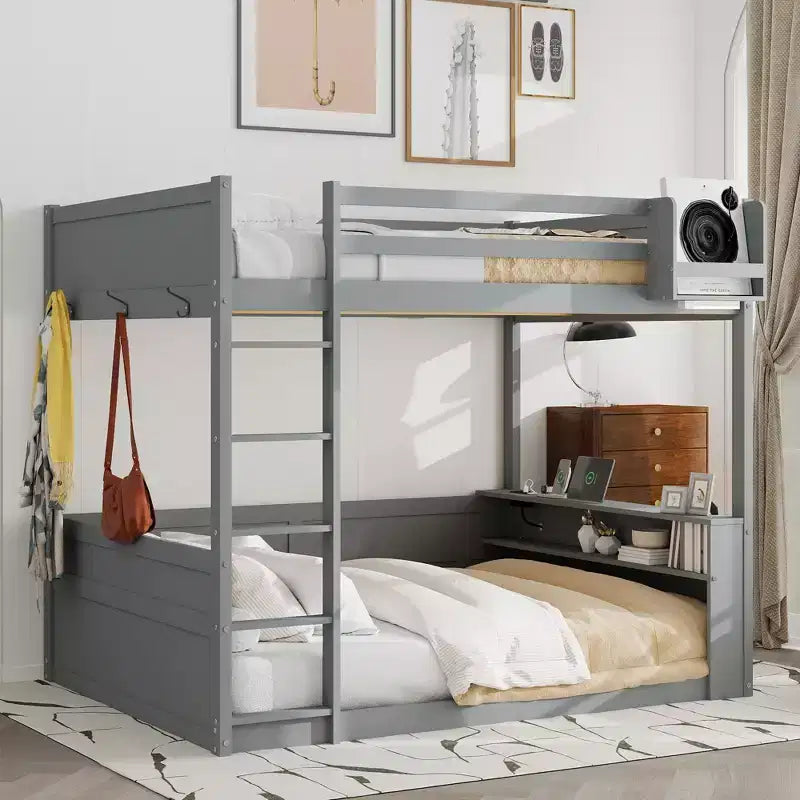 Lit superposé en bois Queen Size avec rangements, lumières LED et port de charge USB