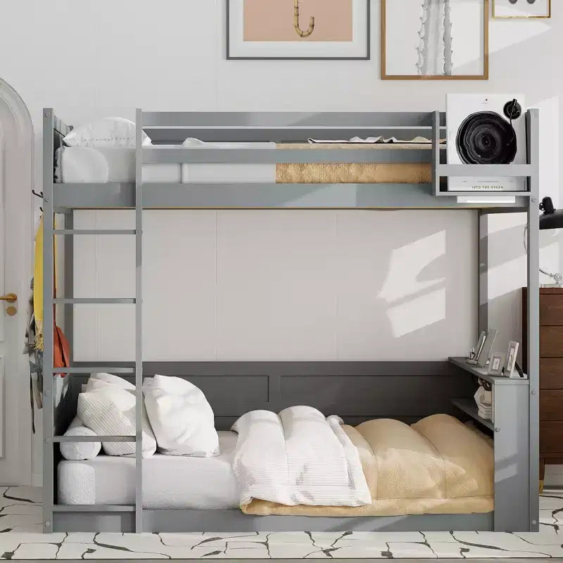 Lit superposé en bois Queen Size avec rangements, lumières LED et port de charge USB