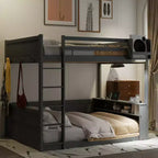 Lit superposé en bois Queen Size avec rangements, lumières LED et port de charge USB