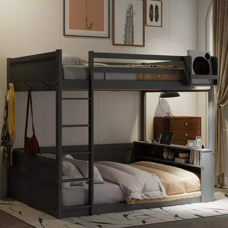 Lit superposé en bois Queen Size avec rangements, lumières LED et port de charge USB