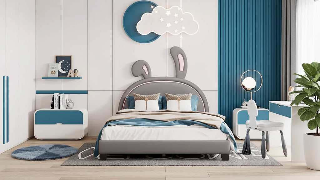 Acekool Full Size Upholstered Platform Bed with Animal Ears Headboard, Kids Rabbit Ornament, Sturdy Frame, No Box Spring Needed, Gray