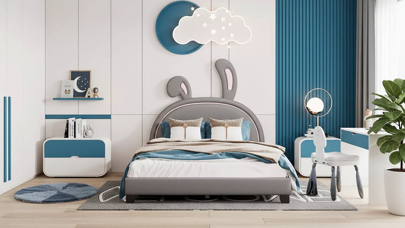 Acekool Full Size Upholstered Platform Bed with Animal Ears Headboard, Kids Rabbit Ornament, Sturdy Frame, No Box Spring Needed, Gray
