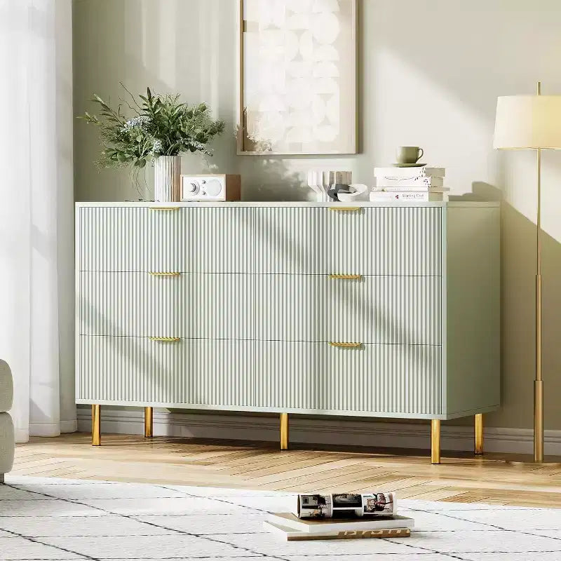 Commode double moderne à 6 tiroirs avec poignées dorées pour chambre à coucher