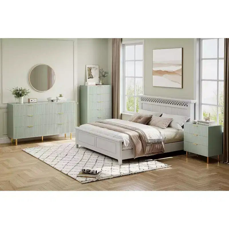Commode double moderne à 6 tiroirs avec poignées dorées pour chambre à coucher