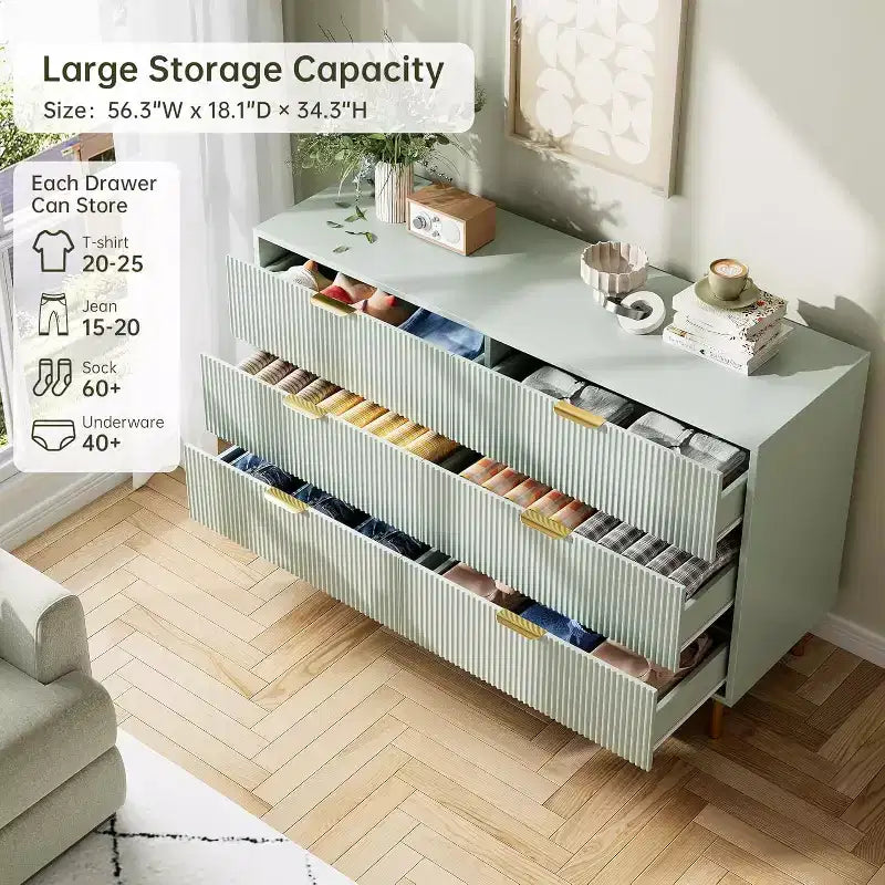 Commode double moderne à 6 tiroirs avec poignées dorées pour chambre à coucher