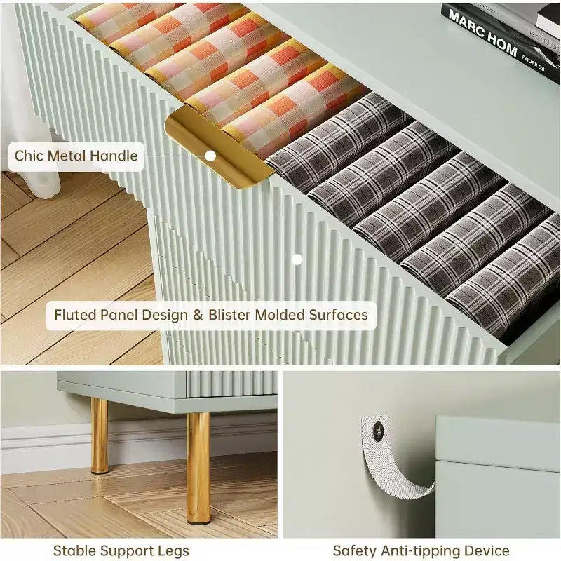 Commode double moderne à 6 tiroirs avec poignées dorées pour chambre à coucher