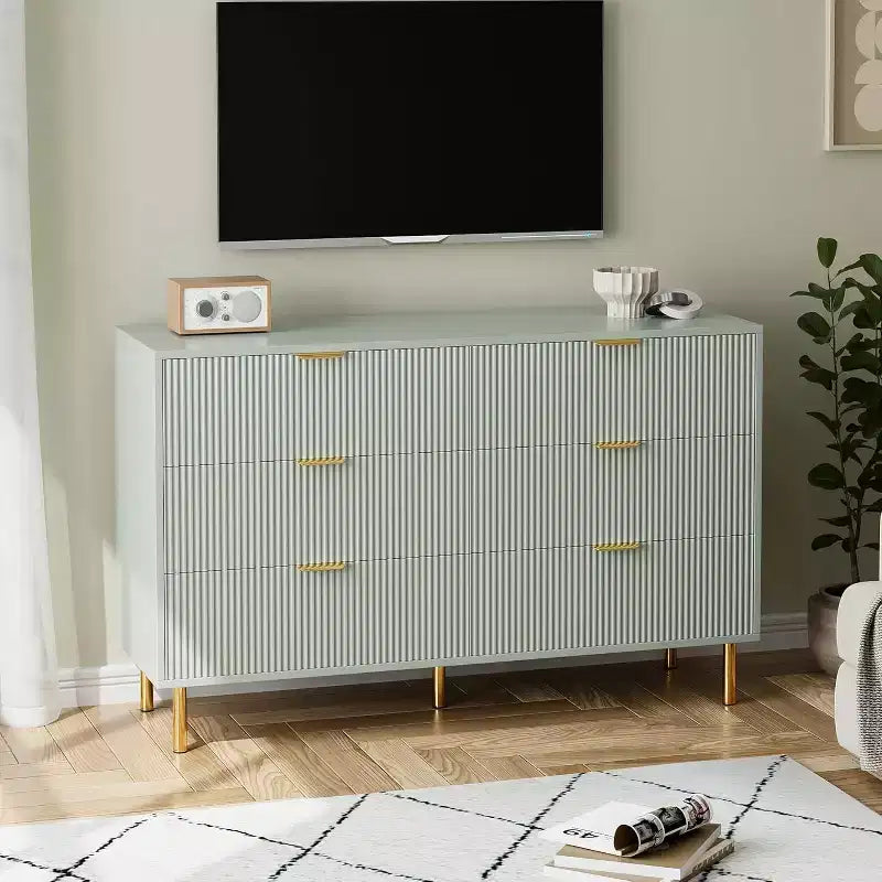 Commode double moderne à 6 tiroirs avec poignées dorées pour chambre à coucher