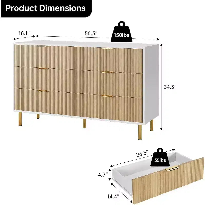 Commode double moderne à 6 tiroirs avec poignées dorées pour chambre à coucher