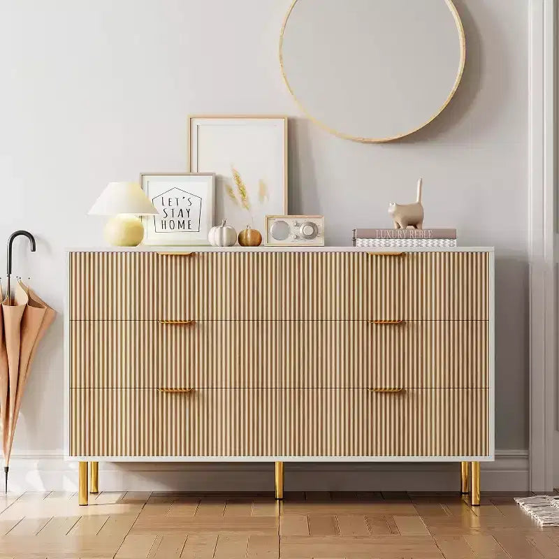 Commode double moderne à 6 tiroirs avec poignées dorées pour chambre à coucher