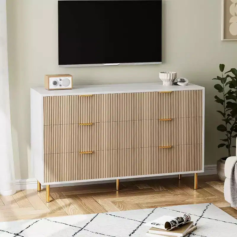 Commode double moderne à 6 tiroirs avec poignées dorées pour chambre à coucher