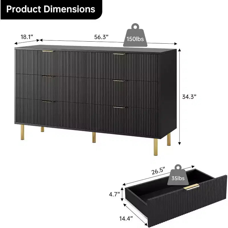 Commode double moderne à 6 tiroirs avec poignées dorées pour chambre à coucher