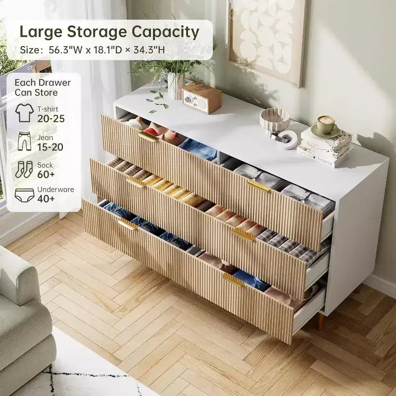 Commode double moderne à 6 tiroirs avec poignées dorées pour chambre à coucher