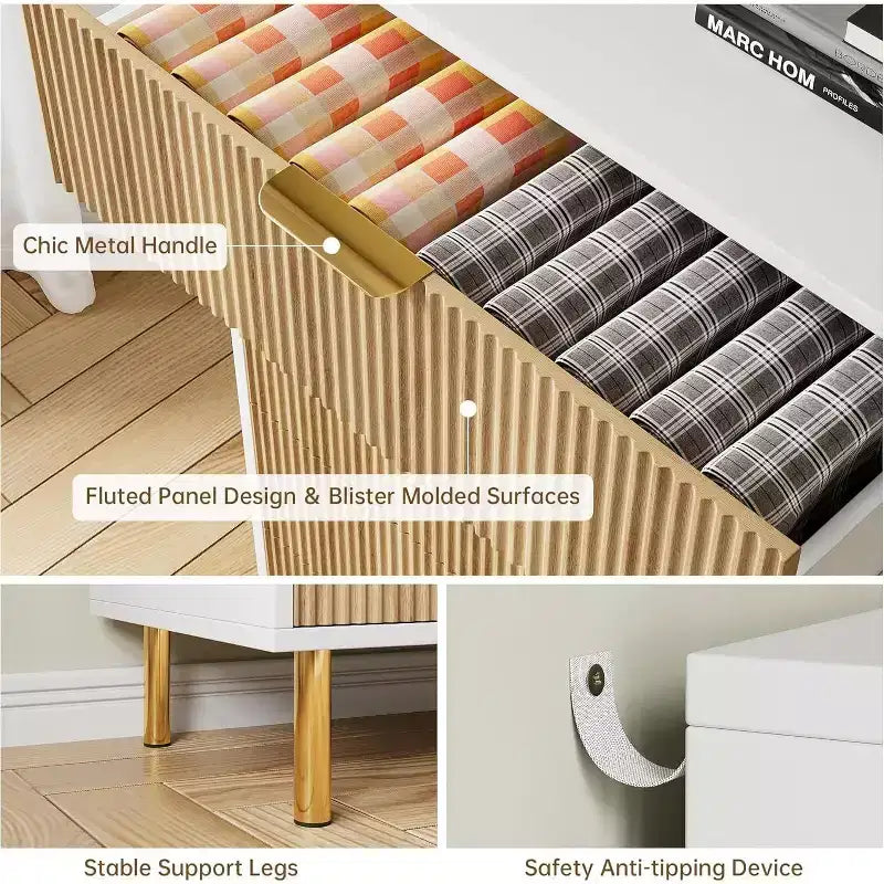 Commode double moderne à 6 tiroirs avec poignées dorées pour chambre à coucher