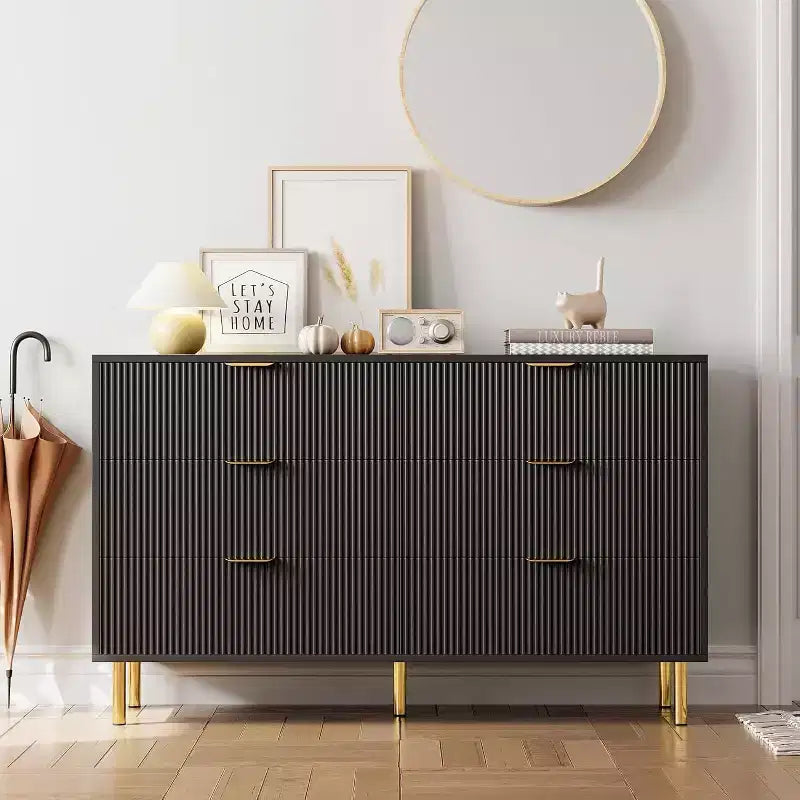 Commode double moderne à 6 tiroirs avec poignées dorées pour chambre à coucher