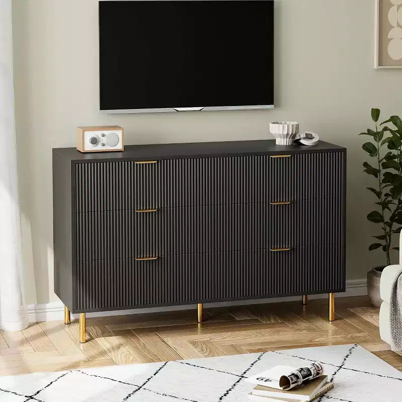Commode double moderne à 6 tiroirs avec poignées dorées pour chambre à coucher
