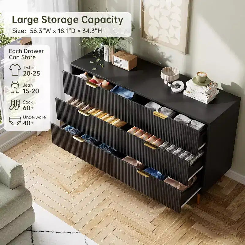 Commode double moderne à 6 tiroirs avec poignées dorées pour chambre à coucher