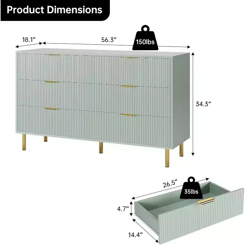 Commode double moderne à 6 tiroirs avec poignées dorées pour chambre à coucher