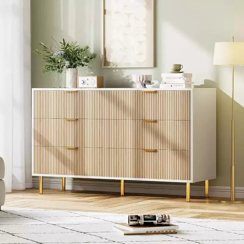 Commode double moderne à 6 tiroirs avec poignées dorées pour chambre à coucher