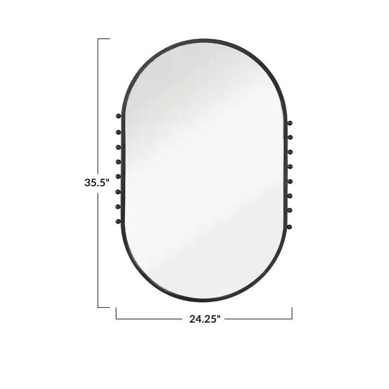 Miroir mural ovale à cadre en métal noir mat avec boules décoratives