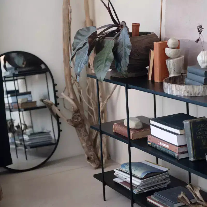 Miroir mural ovale à cadre en métal noir mat avec boules décoratives