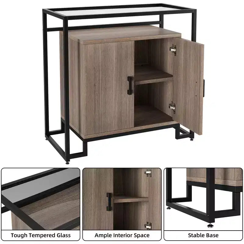 Bahut 2 portes avec cadre en acier, marron