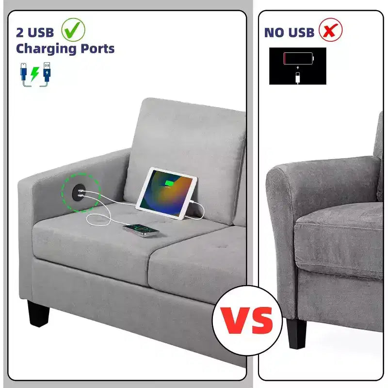 Canapé 3 places gris lin style Mid-Century 183 cm avec ports de charge USB