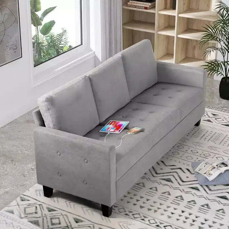 Canapé 3 places gris lin style Mid-Century 183 cm avec ports de charge USB