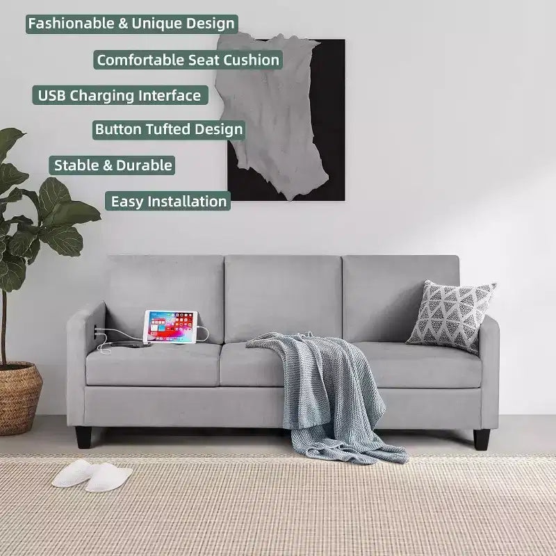 Canapé 3 places gris lin style Mid-Century 183 cm avec ports de charge USB