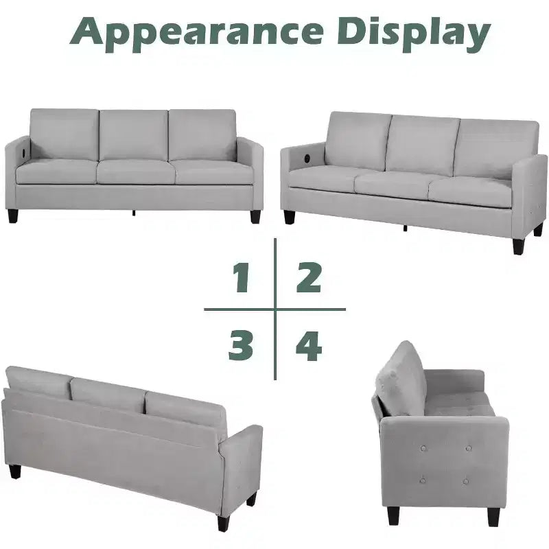 Canapé 3 places gris lin style Mid-Century 183 cm avec ports de charge USB