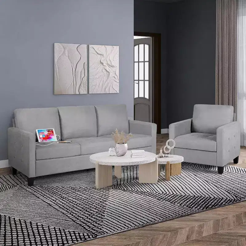 Canapé 3 places gris lin style Mid-Century 183 cm avec ports de charge USB