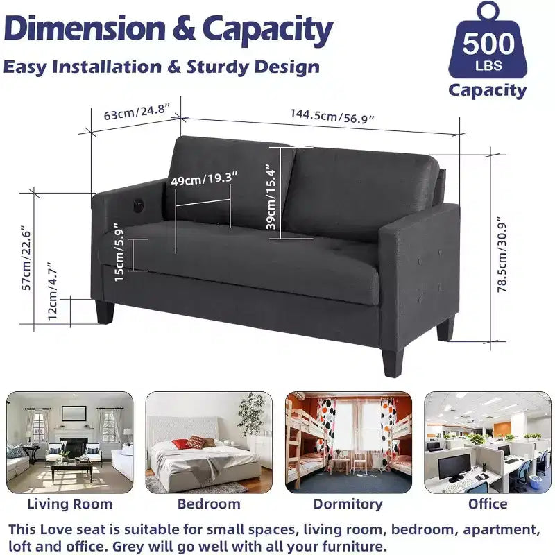 Canapé 3 places gris lin style Mid-Century 183 cm avec ports de charge USB