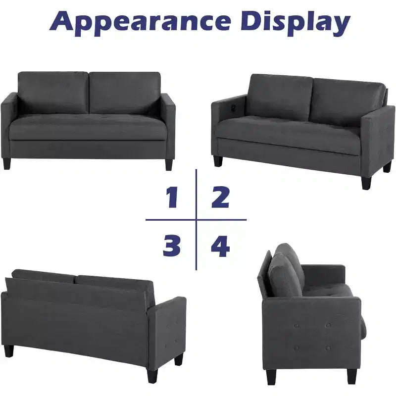 Canapé 3 places gris lin style Mid-Century 183 cm avec ports de charge USB