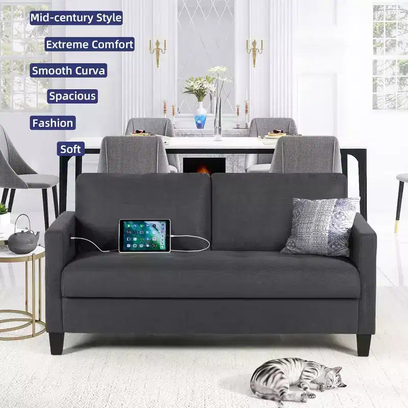 Canapé 3 places gris lin style Mid-Century 183 cm avec ports de charge USB