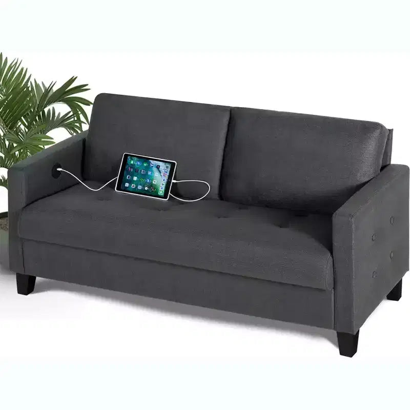 Canapé 3 places gris lin style Mid-Century 183 cm avec ports de charge USB