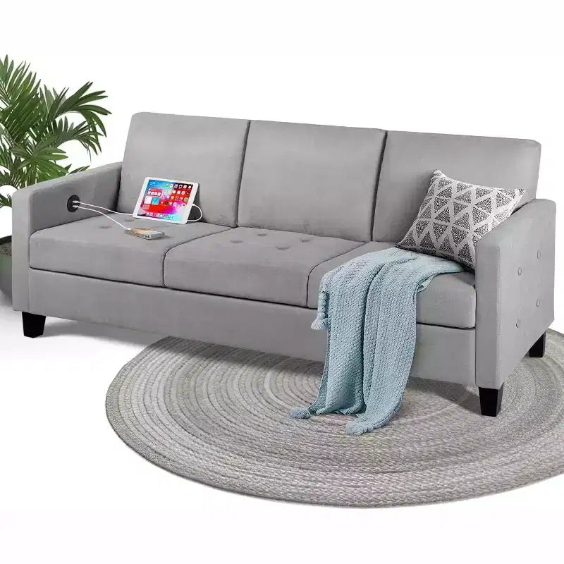 Canapé 3 places gris lin style Mid-Century 183 cm avec ports de charge USB
