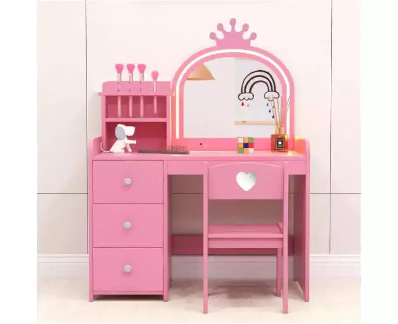 Coiffeuse Princesse pour enfants avec miroir couronne LED, chaise et tiroirs, rose