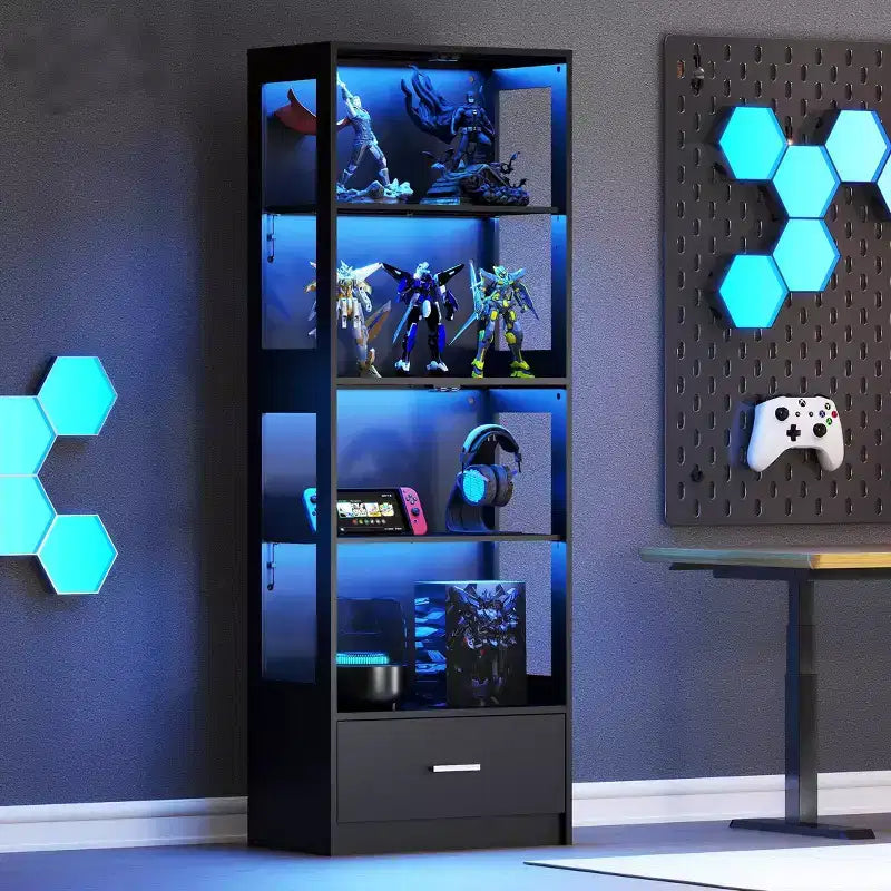 Vitrine d'exposition en verre à 5 niveaux avec éclairage LED, étagères réglables et tiroir