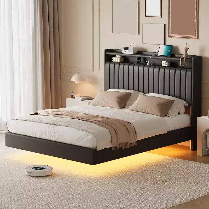Lit plateforme flottant Queen/Full avec lumières LED RVB et station de recharge