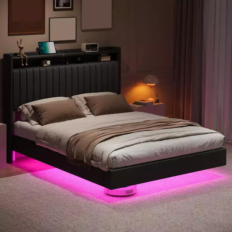 Lit plateforme flottant Queen/Full avec lumières LED RVB et station de recharge