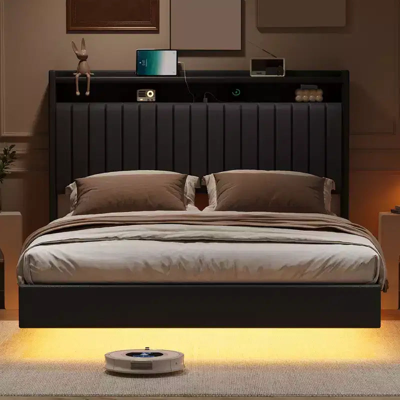 Lit plateforme flottant Queen/Full avec lumières LED RVB et station de recharge