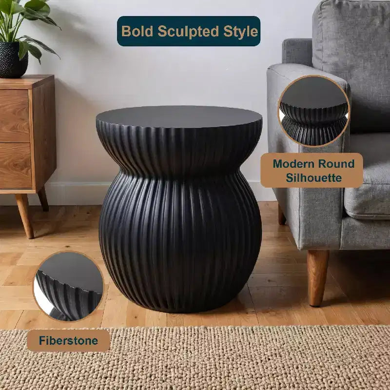 Table d'appoint sablier moderne cannelée en fibrestone, noire