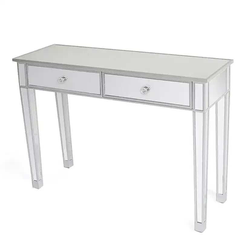 Bureau d'ordinateur et coiffeuse modernes à 2 tiroirs, finition miroir argentée